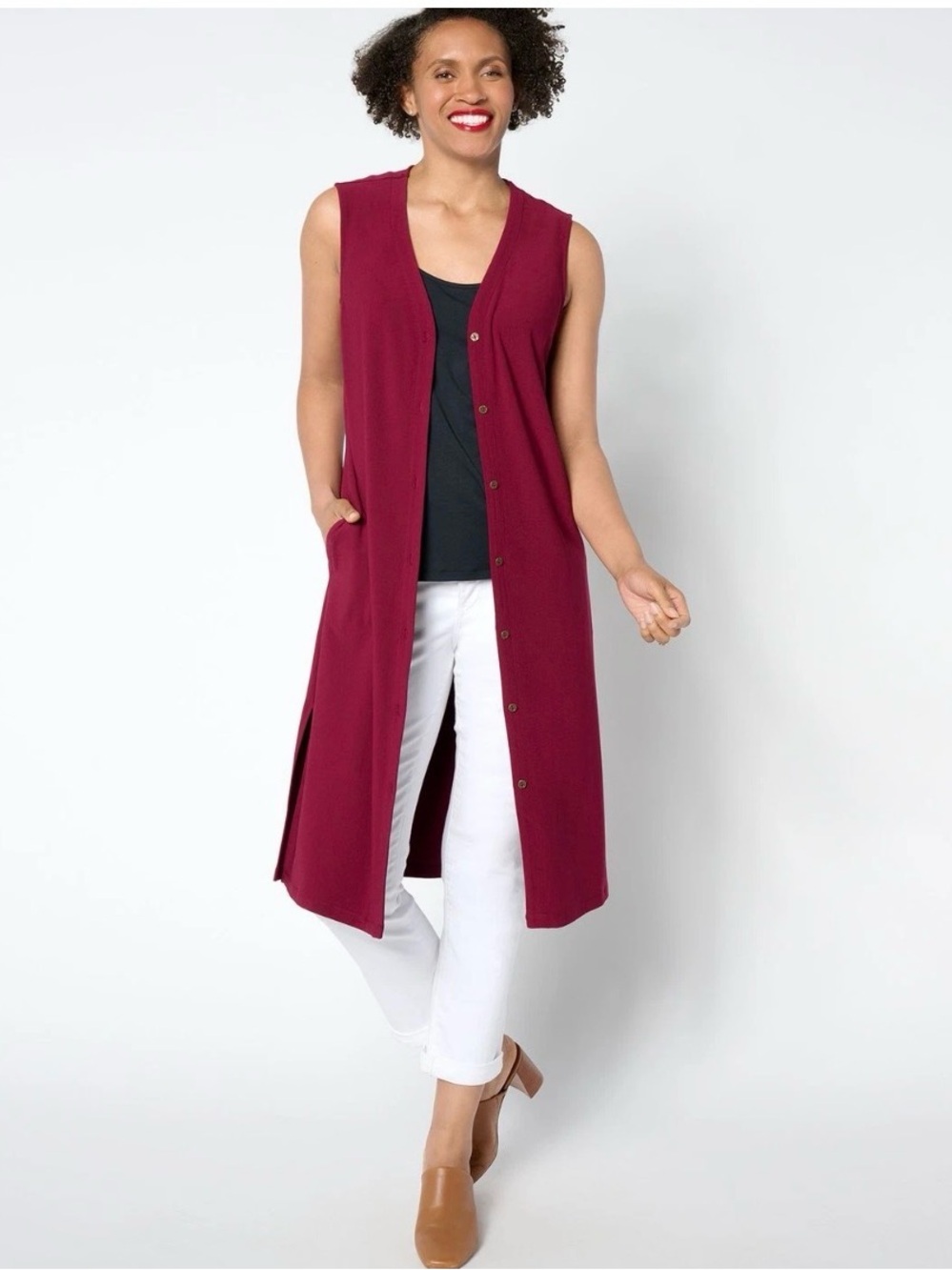 Susan Graver Sleeveless Longline Button Vest - Burgundy